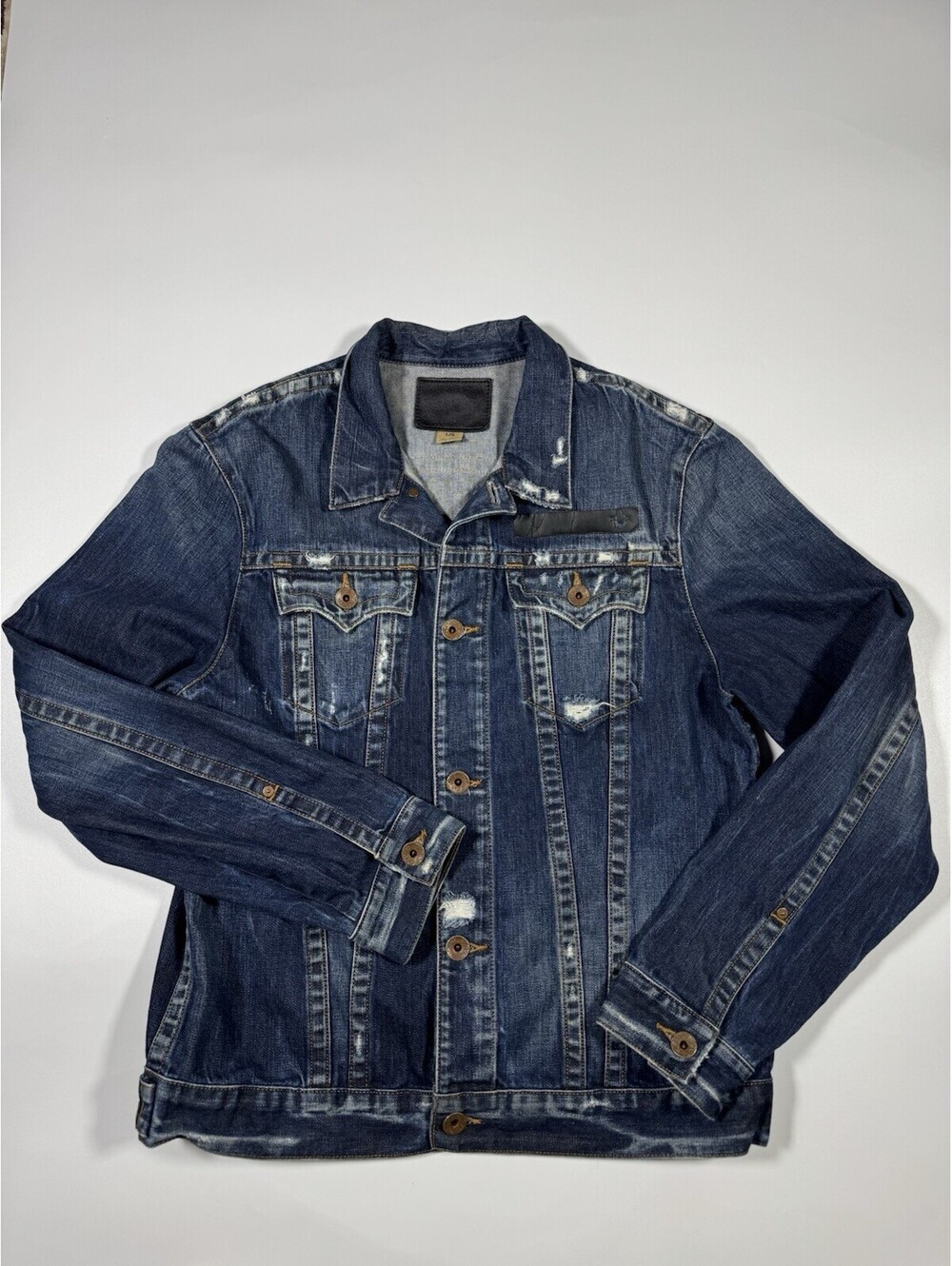 True Religion Danny Slim High Density Denim Jacket L Blue Distressed BAM Uncaged